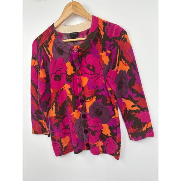 Talbots Cashmere Floral Cardigan Sweater Button Up Pink Purple Small - Picture 3 of 5